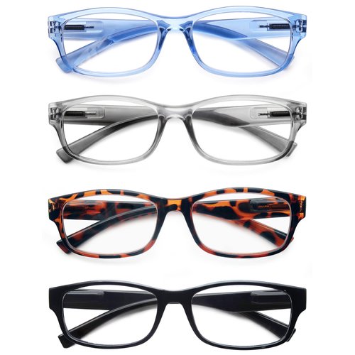 HEEYYOK Small Reading Glasses Womens/Men 3.00+ 4-Pack Readers,Lightweight Rectangular PC Frame Comfortable Spring Hinges 4 Pouch