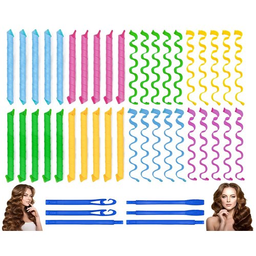 40PCS Hair Curlers Heatless Wave and Spiral Two Styles Formers(16inches) with 4PCS Styling Hooks Magic Hair Rollers No Heat Damage for Women and Kids’ Short and Medium Hair (16inch)