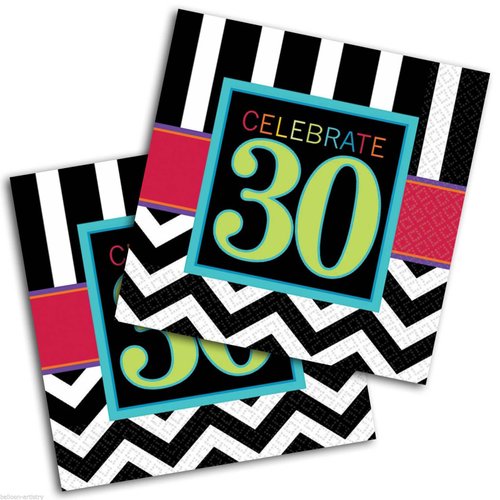 Must-Have Chevron and Stripes 30th Birthday Party Luncheon Napkins Tableware, Pack of 16, Multi, 6.5"x6.5" Paper