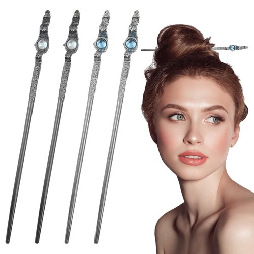 4 Pack Moonstone Hair Sticks for Bun Metal Shinny Moonstone Hair Fork Hairpin Chinese Style Hair Chopsticks Elegant Vintage Hair Accessories for Women Girls Long Hair