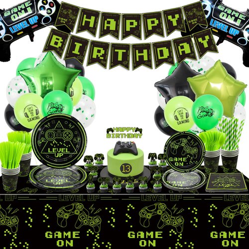 219Pcs Video Game Party Decorations - Gaming Decorations Include Game On Plates, Napkins, Cups, B...