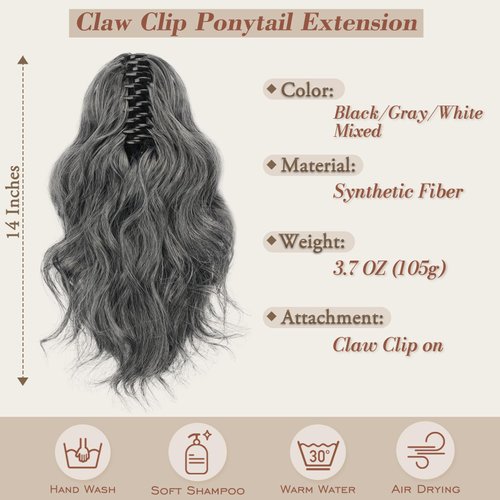 BARSDAR Claw Clip Ponytail Extension - 14 Inch Short Wavy Ponytail Hair Extensions for Women - Gray Ponytail Thick Soft Synthetic Clip in Pony Tails Hairpieces Daily Halloween - Black & Gray Mixed