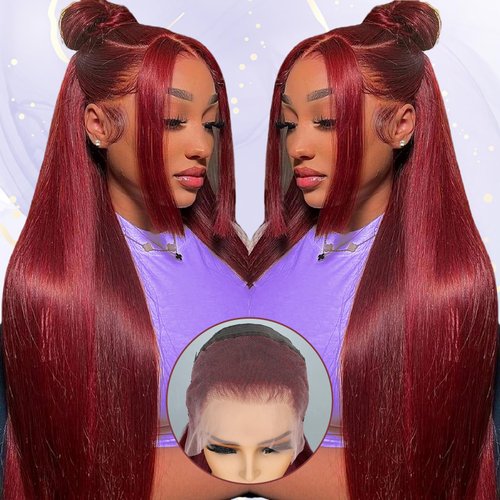 rilago 99J Burgundy Lace Front Wigs Human Hair 24 Inch 13x4 HD Transparent Straight Lace Front Wigs Human Hair Pre Plucked with Baby Hair 180% Density Glueless Wine Red Human Hair Wigs