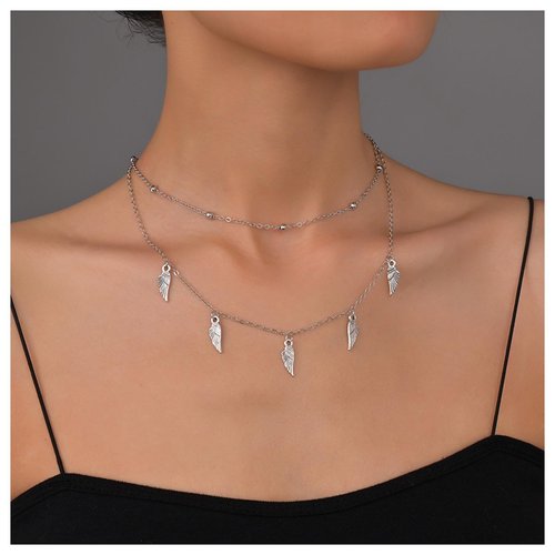 Allereyae Vintage Layered Wing Dangle Necklace Angel Wing Pendant Necklace Tiny Wing Choker Necklace Silver Angel Wing Necklace Jewelry for Women