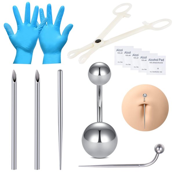 DJCIW Belly Button Piercing Kit,Belly Navel Piercing Kit with 14G Belly Button Ring 316L Stainless Steel 12G Piercing Needles Piercing Taper and Disposable Clamps Belly Kit