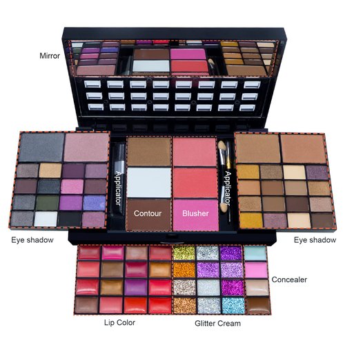 Makeup Kit For Women Full Kit - 74 colors makeup sets - 36 Eyeshadow, 28 Lip Gloss, 3 Contour Powder, 3 Brushes, 3 Blusher, 4 Concealer, 1 Mirror, three-dimensional pull type Combination Palette