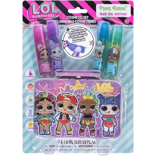 L.O.L Surprise! Townley Girl Plant-Based Flavoured 4 Pk All Over Roll-On Glitter with Tin Makeup Set for Kids and Girls, Ages 5+, Perfect for Parties, Sleepovers & Makeovers, Multicolor