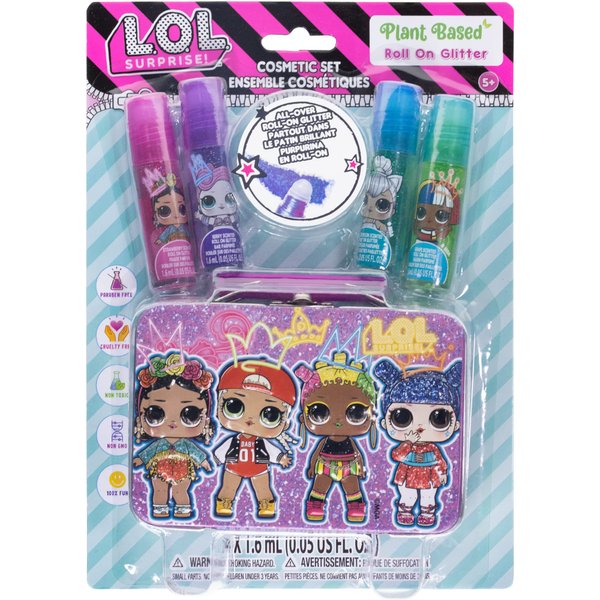 L.O.L Surprise! Townley Girl Plant-Based Flavoured 4 Pk All Over Roll-On Glitter with Tin Makeup Set for Kids and Girls, Ages 5+, Perfect for Parties, Sleepovers & Makeovers, Multicolor