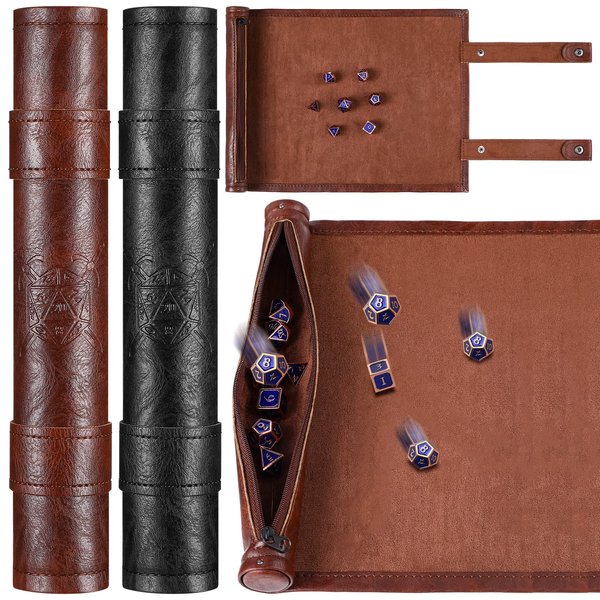 Civaner Dice Mat Tray Rolling Mat with Zipper PU Leather Folding Scroll Dice Bag Dice Holder Dice Table Christmas Game Accessories(Brown, Black)