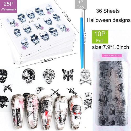 25 Sheets Halloween Water Transfer Nail Stickers Nail Art Stickers Decals,10 Sheets Punk Skull Nail Foil Transfer Stickers,Grimace Skull Eye Spider Nail Art DIY Decals for Halloween Party(35 Sheets)
