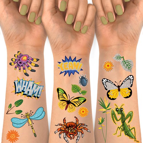 Insect Temporary Tattoos For Kids And Adults, 120+ Metallic Glitter Style Fake Tattoo Stickers For Party Supply Birthday Girfts, Butterfly Centipede Spider Scorpion Caterpillar Pattern