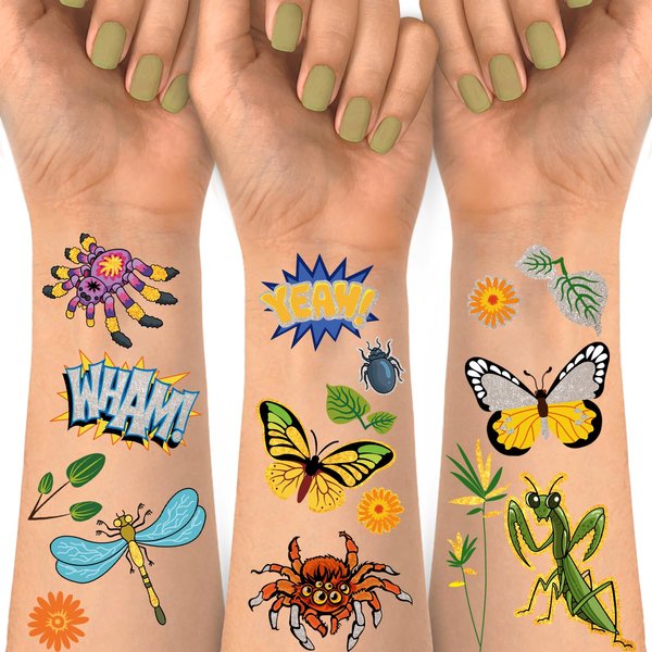 Insect Temporary Tattoos For Kids And Adults, 120+ Metallic Glitter Style Fake Tattoo Stickers For Party Supply Birthday Girfts, Butterfly Centipede Spider Scorpion Caterpillar Pattern
