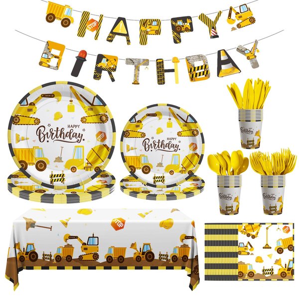 Cecnamt Construction Birthday Decorations, 170 Pcs Construction Birthday Party Supplies Including Banner, Plates, Cups, Napkins, Cutlery and Tablecloths, Serves 24