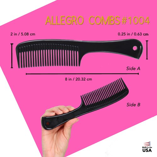 Allegro Comb 1004 Wide Teeth Detangling Combs For Women, Stylists, Curly Hair Teasing Comb Mens Comb 2 Piece (Black)
