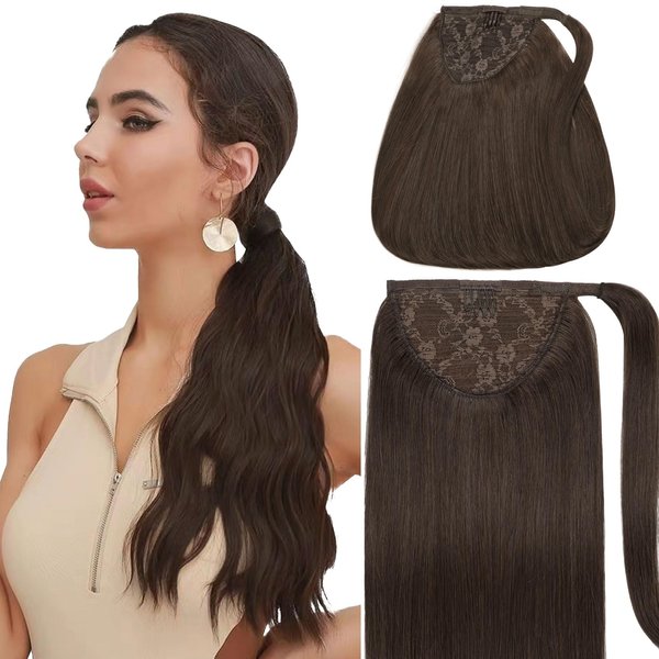 Caliee Ponytail Hair Extension for Women Remy Human Hair Dark Brown Ponytail 22 Inch 90G Ponytail Extension Human Hair Wrap Around Ponytail with Magic Paste Long Pony Tail Hairpiece