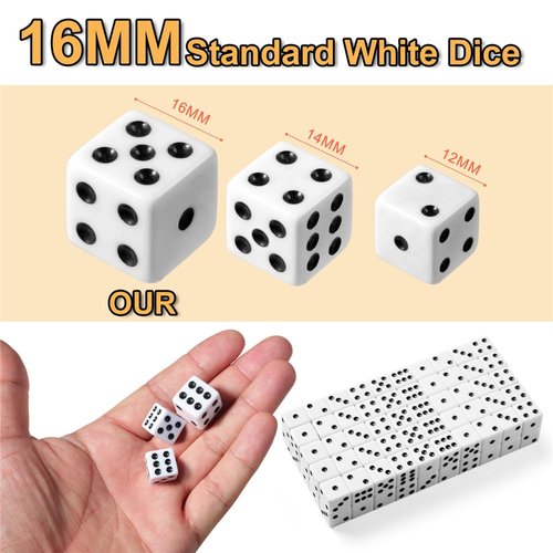 100 Pieces White Dice Set, 16MM Standard Game Dices, Opaque Six-Sided Dice with Pouch, Black Dot Bulk White Dice for Group Event, Board Games, Classroom Math