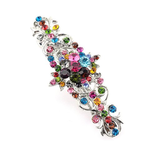 Women&#39;s Rhinestone Flower Hair Barrette Clip Hair Pin Antique Silver IMB2135, Multi