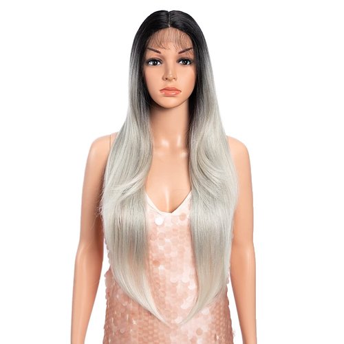 Style Icon 28&quot; Lace Front Wigs Middle Part Lace Wig Long Straight Wig Synthetic Silver Grey Wig (...