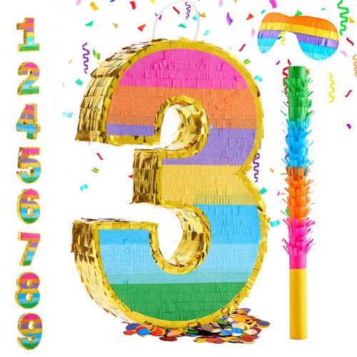 MUWOOB Rainbow Number 3 Pinata for 3rd Birthday Party Decorations, Birthday Pinata with Stick Blindfold and Confetti, Kids Anniversary Celebration, Fiesta (Small, 16.5 x 11.5 x 3 In)