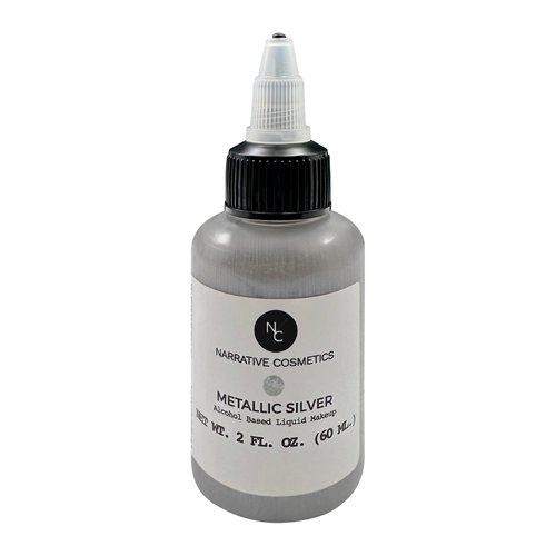Narrative Cosmetics Metallic Alcohol Airbrush Paints - 2 fl oz, Skin Safe, Quick Dry, Waterproof, Sweatproof, Transferproof Liquid Makeup for Bodypainting, Theater, FX Makeup - Metallic Silver