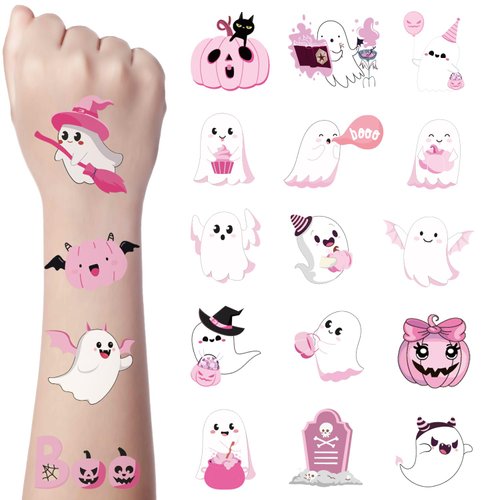 JoyfulGlam Pink Halloween Temporary Tattoos for Kids,Trick or Treat Fake tattoo Stickers for Boys and Girls Halloween Assorted Goodies & Party Favors - Goody Bag Stuffers