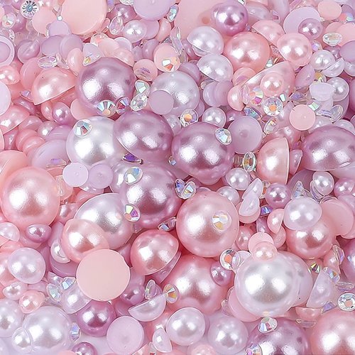Flatback Pearls Rhinestones for Craft 30g 1400Pcs (2-10mm) Half Round Resin AB Color Rhinestones Pearls for Nail Art Face Body Tumblers-Pink,White