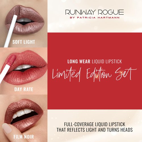 Runway Rogue Try Me x 3 Mini Long Wear Limited Edition Liquid Lipstick Set, Sunset Trio (‘Soft Light’, ‘Day Rate’, ‘Film Noir’)
