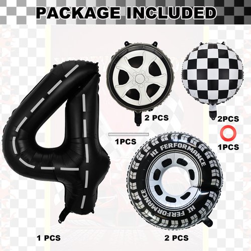 YWQIPABA Race Car 4th Birthday Party Balloons, 40 Inch Mylar Foil Racetrack Number 4 Balloon Black for Boys 4th Birthday Decorations,Race Car Theme Party Decorations Supplies 7 Pcs