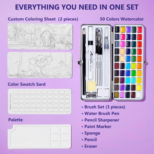 Artdecool 50 Colors Watercolor Paint Set for Professionals and Adult Beginners, Portable Drawing Art Supplies with Brushes and Palette, Art Water Colors Kit for Art creation and Family Activities