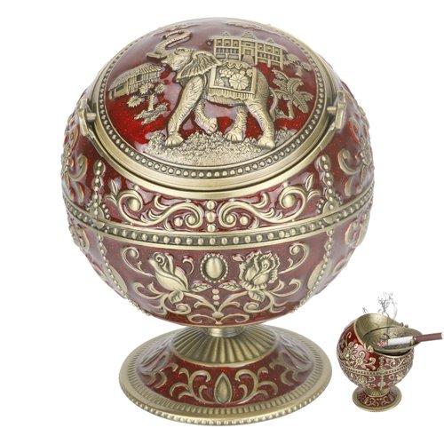LAUYOO Vintage Ashtray with Lid for Cigarettes Metal Portable Ashtray for Outdoors Indoors Hand Stamped Windproof Ash Tray Classy Gift for Men Women(Dark Red with Bronze Rose Elephant)