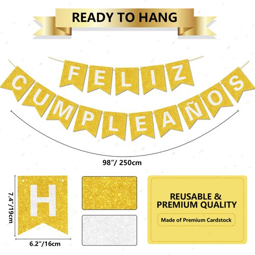 Pre-Strung Happy Birthday Banner - NO DIY - with Shiny Letters Glitter FELIZ CUMPLEAÑOS DECORATIONS Banner for Gold Birthday Party Decorations and Supplies