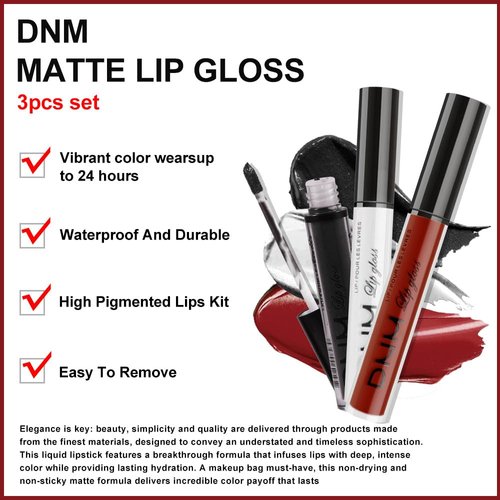 evpct DNM 3Pcs Dark Black White Red Matte Liquid Lipstick Lip Stain Sets for Women Matte+Lipstick Long Lasting Permanent Lipstick 24 hr Hours Magic Lipstick 24 Hours original Waterproof 17#
