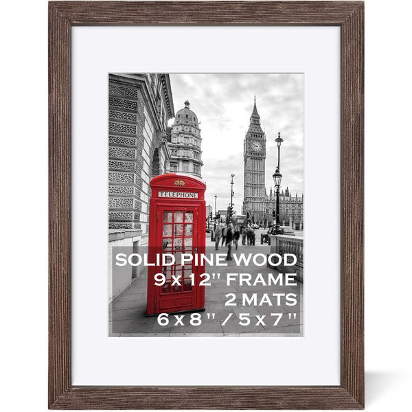 9x12 Rustic Picture Frames Solid Wood Walnut Display Pictures 6x8 or 5x7 with Mat or 9x12 without Mat - Farmhouse Distressed Photo Frame for Art with 2 Mats Wall Mounting,Table Top - Set of 1