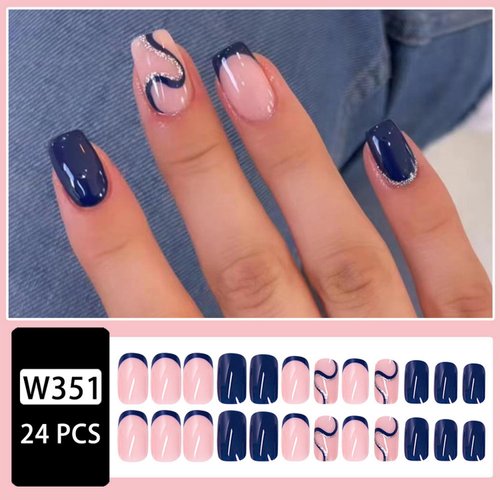 Dark Blue Press on Nails Short Fake Nails with Shiny Curve Designs French Tip Artificial Nails Simplicity Reusable Acrylic Nails False Nails Glossy Glue on Nails for Women Girls Gift