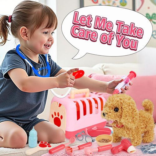 Tsomtto Interactive Dog Toy Walking Barking Veterinarian Playset for Kids Puppy Stuffed Animal with Carrier & Accessories Pretend Play Toys Vet Kit Electronic Pets 3 4 5 6 Year Old Girl