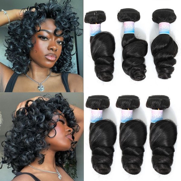 EMOL Loose Wave Bundles Human Hair Weave 3 Bundles Virgin Brazilian Loose Wavy Human Hair Weft Big Loose Spiral Wand Curls Short Hair Bundles Natural Black Human Hair Extensions 10 10 10 Inch