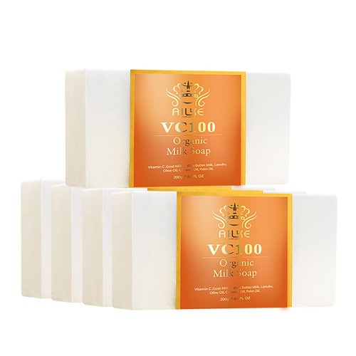AILKE Organic Vitamin C Brightening Soap, With Shea Butter, Coconut Oil, Goat Milk, Reduce Wrinkles, Anti-Aging, Improve Skin Elasticity, for Face, Body, 7oz (Pack of 5)
