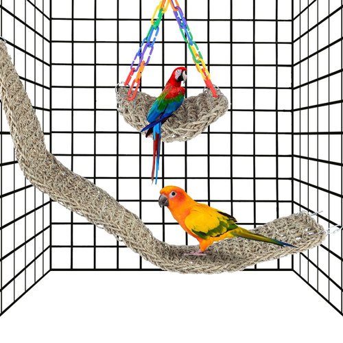 2 Pcs Bird Seagrass Mats, 39×7.3in Natural Seagrass Woven Net and 7.5×7.5" Square Net, Bird Hammock Mats with Hooks, Climbing Rope Ladders, Cage Chew Toys for Cockatiel, Hamster