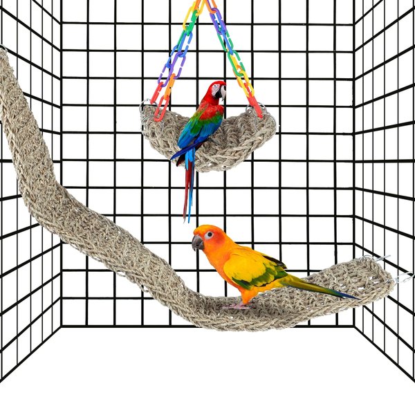 2 Pcs Bird Seagrass Mats, 39×7.3in Natural Seagrass Woven Net and 7.5×7.5" Square Net, Bird Hammock Mats with Hooks, Climbing Rope Ladders, Cage Chew Toys for Cockatiel, Hamster