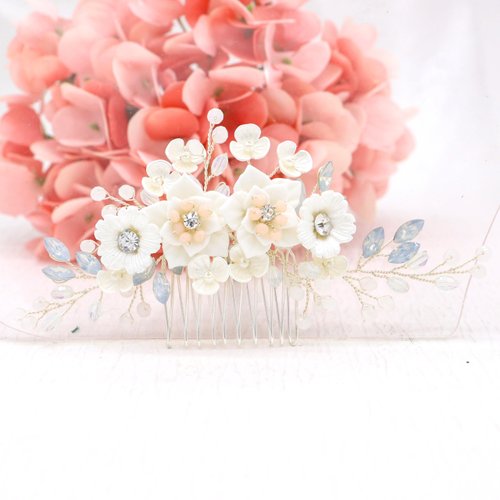 Oriamour Handmade Wedding Hair Comb Bridal Hair Accessories With Ceramics Flower,Flower Bridal Hair Clip Side Combs Hair Pieces for Wedding (Silver)