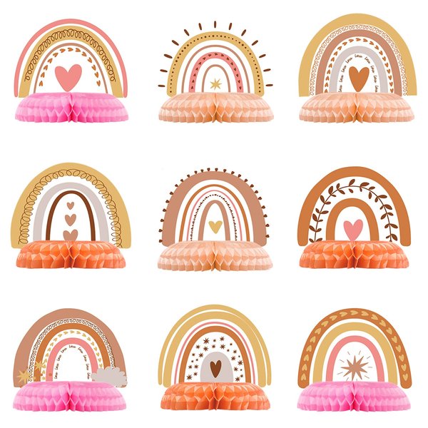 9 Pcs Rainbow Party Decorations Boho Table Rainbow Decor Rainbow Centerpieces for Table 3D Rainbow Honeycomb Decoration Baby Shower Centerpieces for Boys Girls Birthday Party Supplies