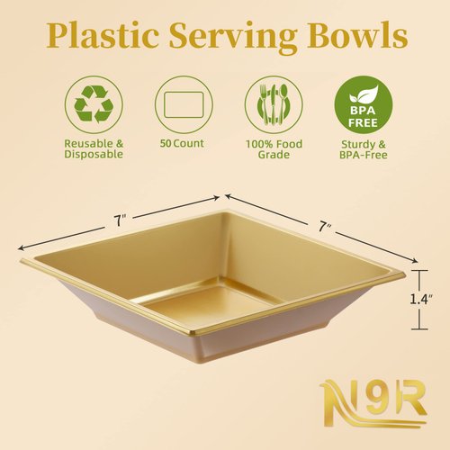 N9R 50 Count Gold Square Plastic Serving Bowls, 12 Oz Disposable Square Bowls for Candy Snake, Salad Bowl Perfect for Party Wedding Birthday