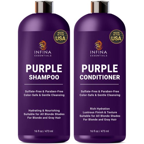 INFINA ESSENTIALS Purple Shampoo and Conditioner Set - Sulfate Free, Enriched with Coconut Oil & Aloe Vera, Ideal for Blonde, Gray, Brassy & Color Treated Hair, Nourishes & Hydrates - 16 fl oz each