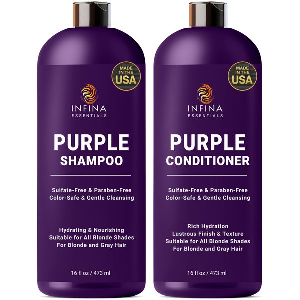 INFINA ESSENTIALS Purple Shampoo and Conditioner Set - Sulfate Free, Enriched with Coconut Oil & Aloe Vera, Ideal for Blonde, Gray, Brassy & Color Treated Hair, Nourishes & Hydrates - 16 fl oz each