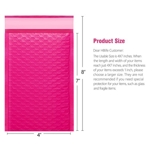 HBlife 50Pcs Bubble Mailers, 4x8 Inches Self Seal Hot Pink Poly Mailers, Padded Envelopes Shipping Bags Packaging for Small Business