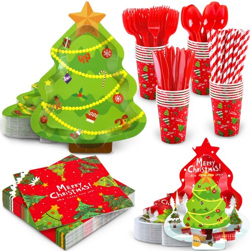 durony 200 Pieces Christmas Party Supplies Tableware Set Includes Christmas Tree Dinner Paper Plates Paper Cups Holiday Napkins Straws and Cutlery Serve 25 for Christmas Decorations Dinner Supplies