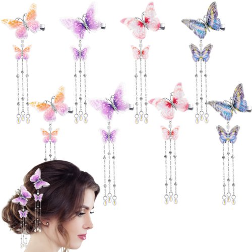 BBTO 8 Pcs Tassel Butterfly Hair Clips Christmas 3D Butterfly Hair Pins Cute Organza Hanging Ear Butterfly Hair Accessories for Bride Wedding party women(Bright Color)