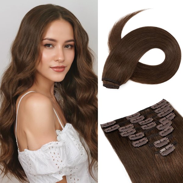Clip in Hair Extensions Real Human Hair Medium Brown Hair Extensions Clip in Human Hair Long Straight Remy Natural Full Head 8pcs Real Hair Extensions for Women 24inch #4 Medium Brown
