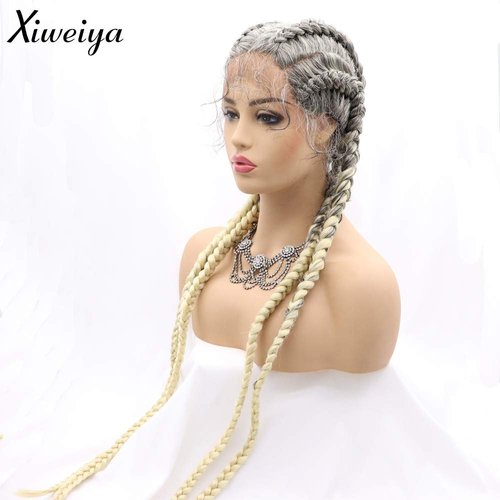 Xiweiya Ombre Blonde Lace Front Wigs Long 36 Inch French Braid Hair Black Women,100% Hand Crochet Box Braids Wig Cap with 4X Twist Braids with Baby Hair Afro Braids Wig