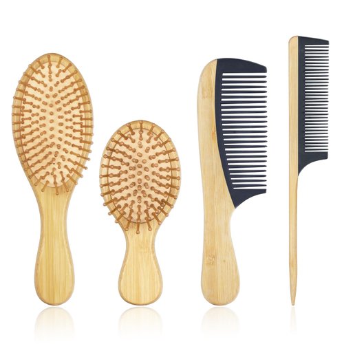 CestoMen 4 Pieces Bamboo Hair Brush and Comb Set, Natural Paddle Detangling Hairbrush, for Women Men & Kids Make Thin Long Curly Hair Health and Massage Scalp - Yellow